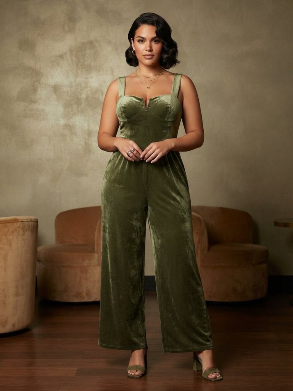 Cider Velvet Olive Green Gold Detail Neckline Straight LegJumpsuit Curvy XL